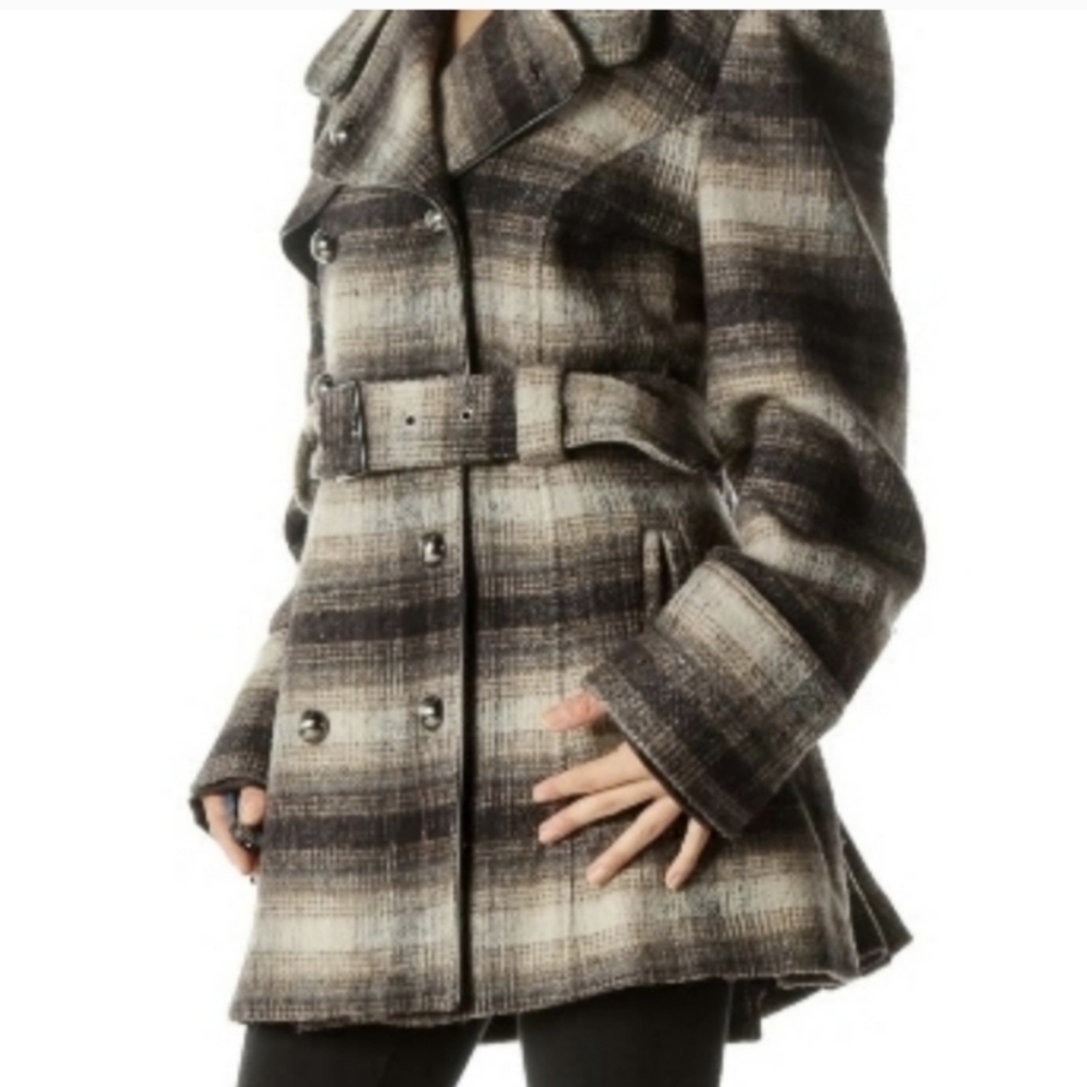 Vintage Y2K Wool Blend Miss Sixty Belted Plaid Faux Leather Trim Coat